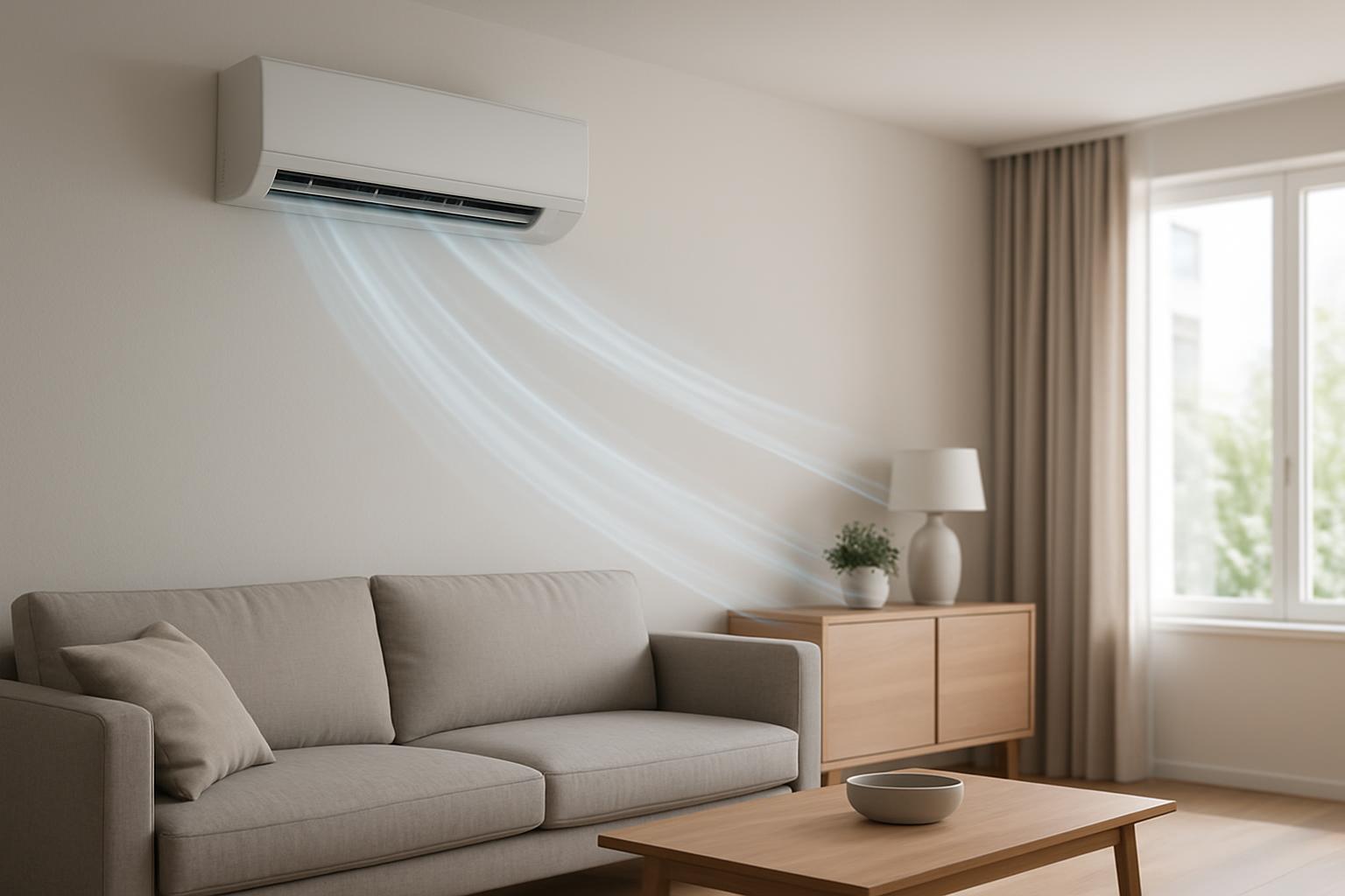 An image of a modern living room with an air conditioner showing cold air blowing from it. Image Description: A modern and...