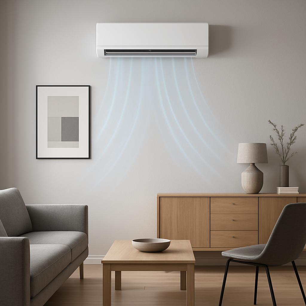 The image depicts a living room with a wall-mounted air conditioning unit. Air conditioning compressor mounted on a wall i...